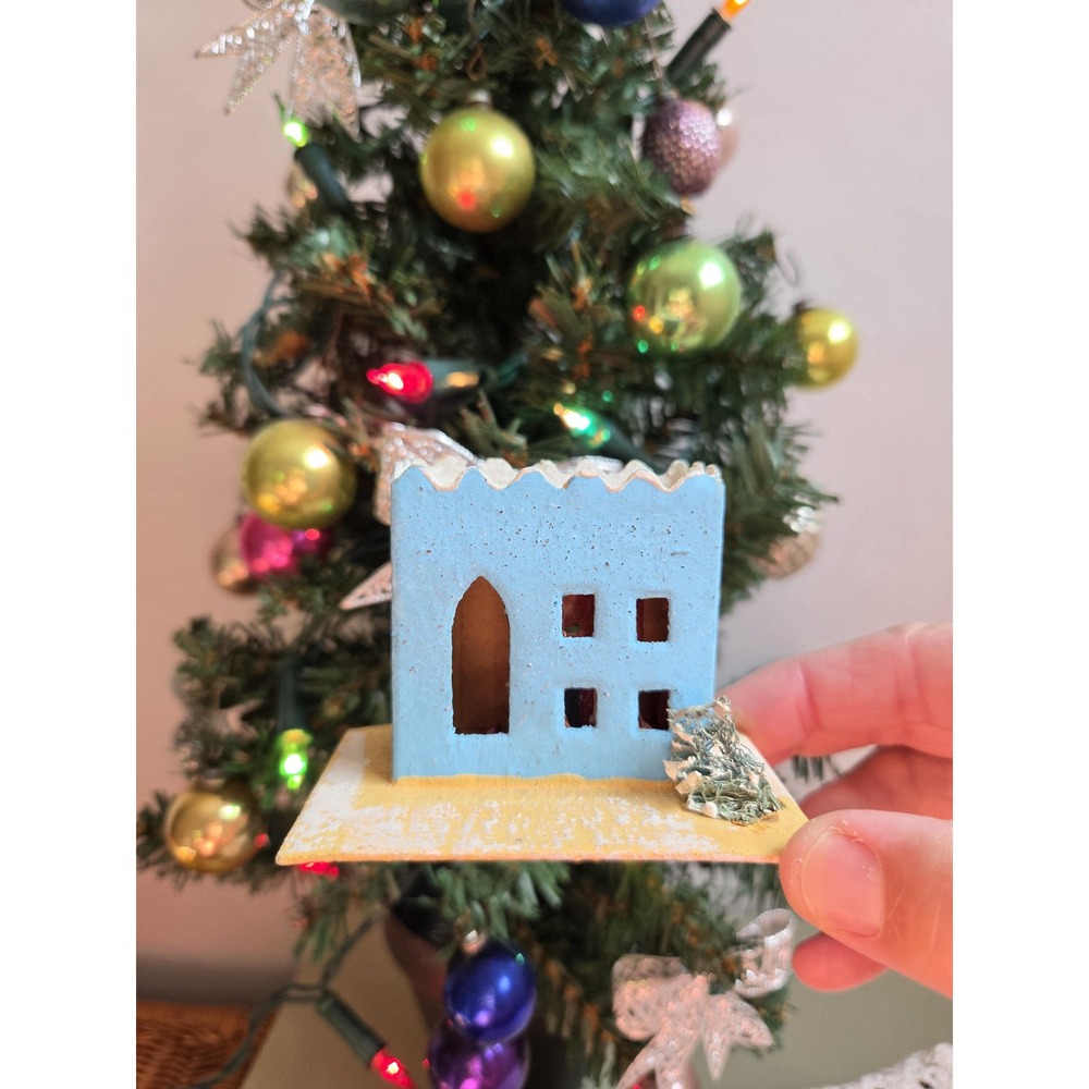 Vintage Putz Christmas House Blue Cardboard Bottle Brush Tree Mica Snow